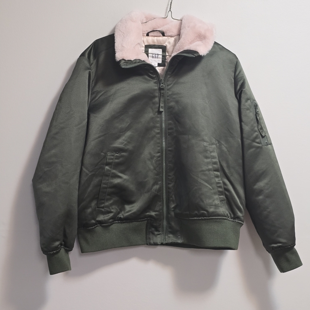 Gap Army Green Bomber Jacket with Pink Faux Fur Collar